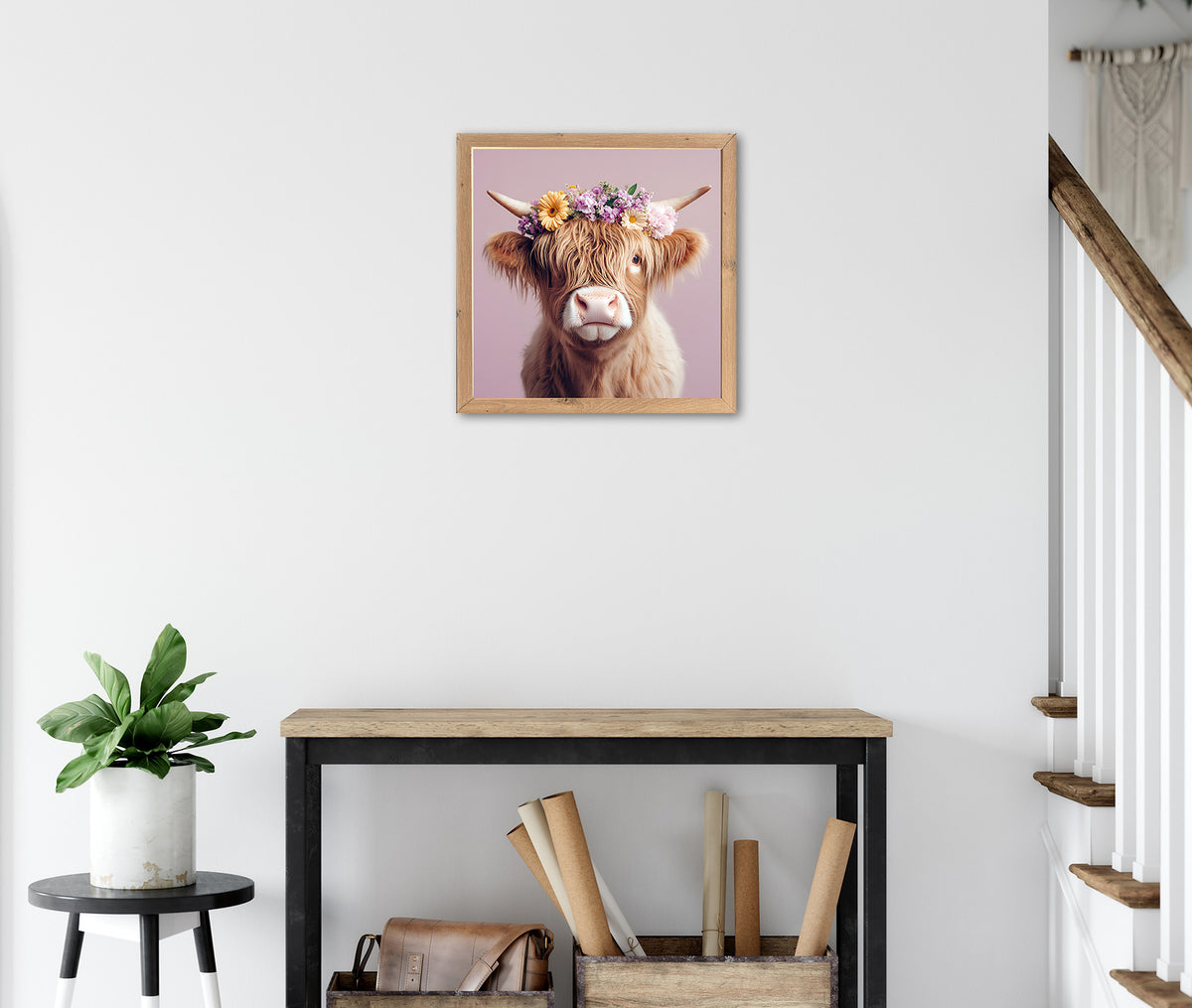 Wandbild gerahmt KUH MIT BLUMENKRANZ 35x35 cm – Tierbild Natur Wanddeko modern - Ambiente 2