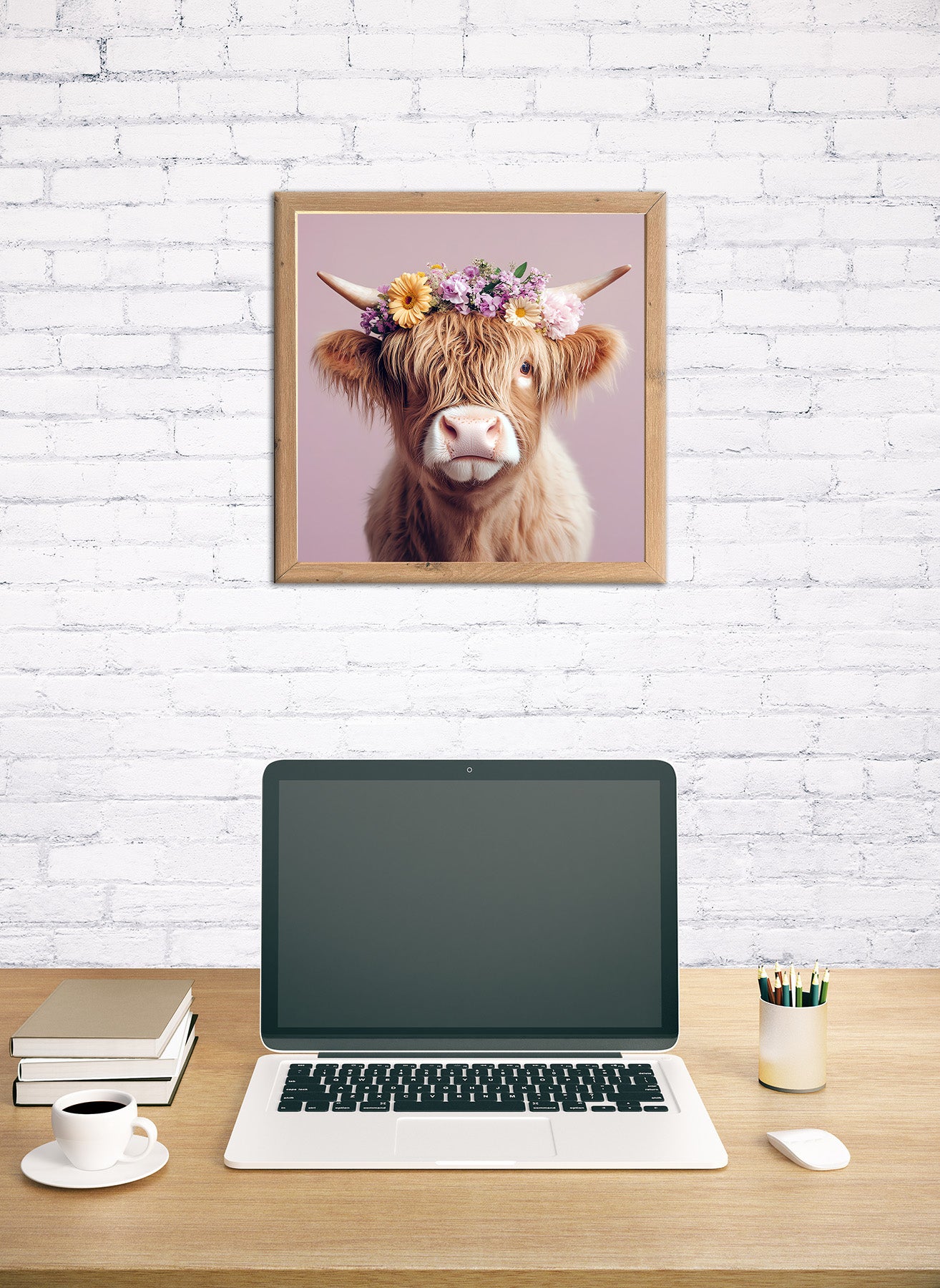 Wandbild gerahmt KUH MIT BLUMENKRANZ 35x35 cm – Tierbild Natur Wanddeko modern - Ambiente 3