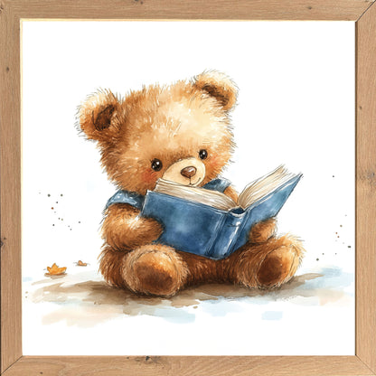 Wandbild gerahmt TEDDYBÄR MIT EINEM BUCH 35x35 cm – Kinderzimmer Wanddeko Bär