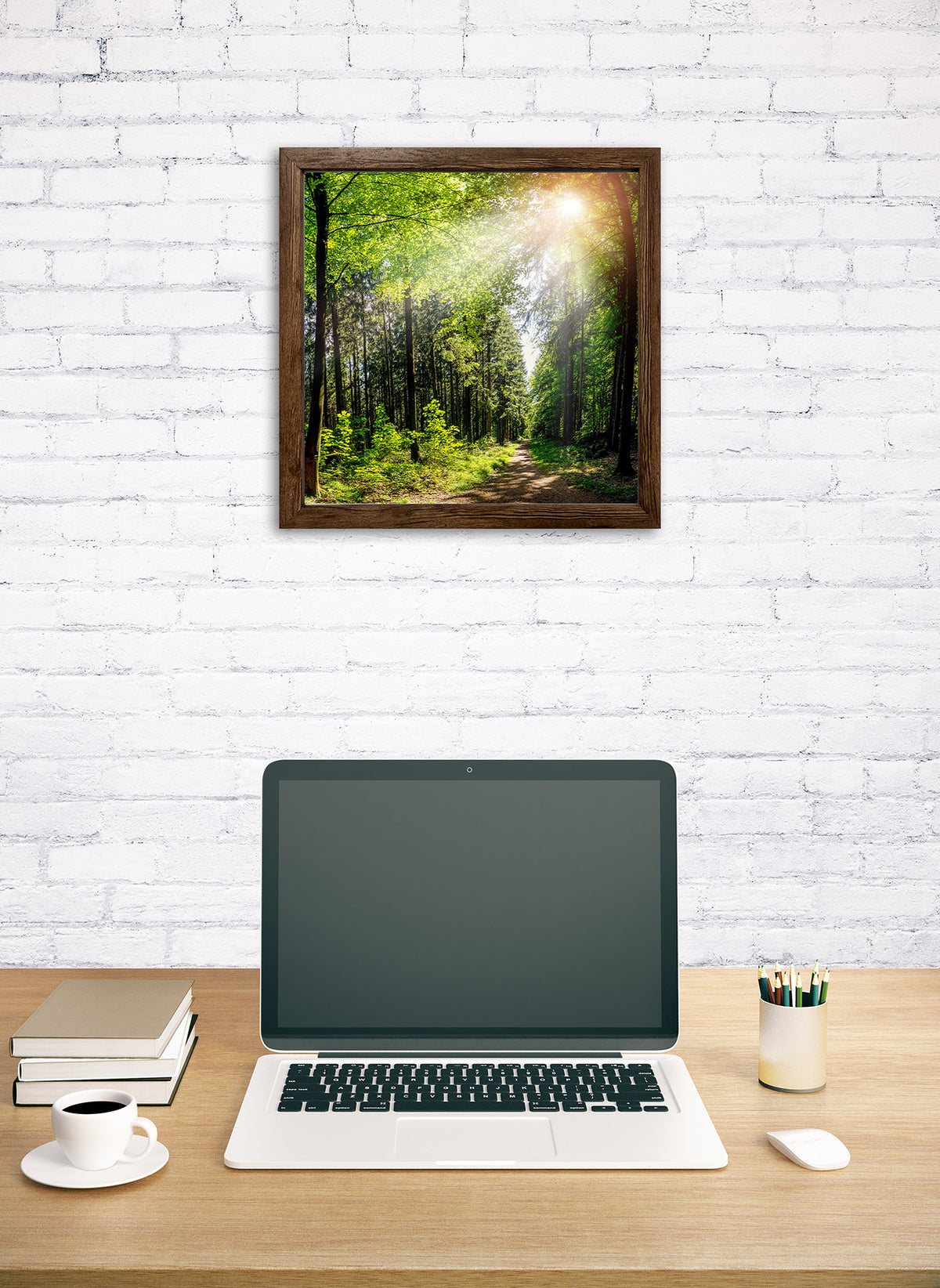Wandbild gerahmt WALDWEG 35x35 cm – Natur Wanddeko modern - Ambiente 1