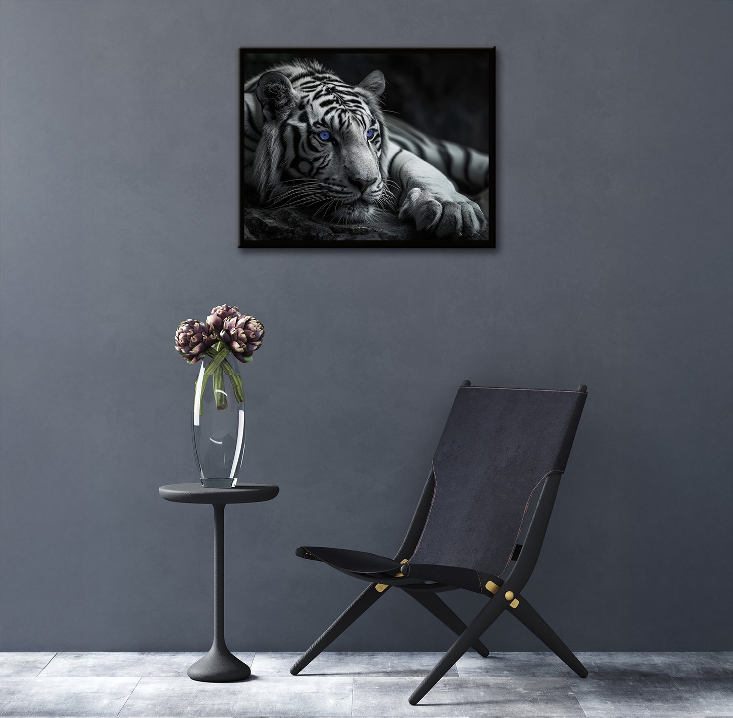 Wandbild gerahmt TIGER MIT BLAUEN AUGEN 40x50 cm – Tierbild Natur Wanddeko - Ambiente 1