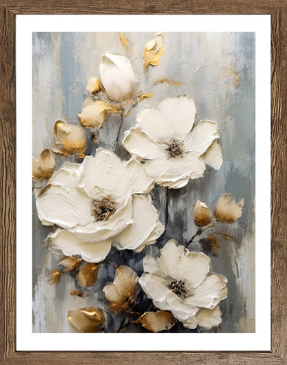 Wandbild gerahmt WEISSE BLUMEN MIT GOLDENEN AKZENTEN 40x50 cm – Elegante Wanddeko modern