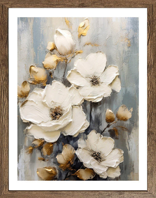 Wandbild gerahmt WEISSE BLUMEN MIT GOLDENEN AKZENTEN 40x50 cm – Elegante Wanddeko modern