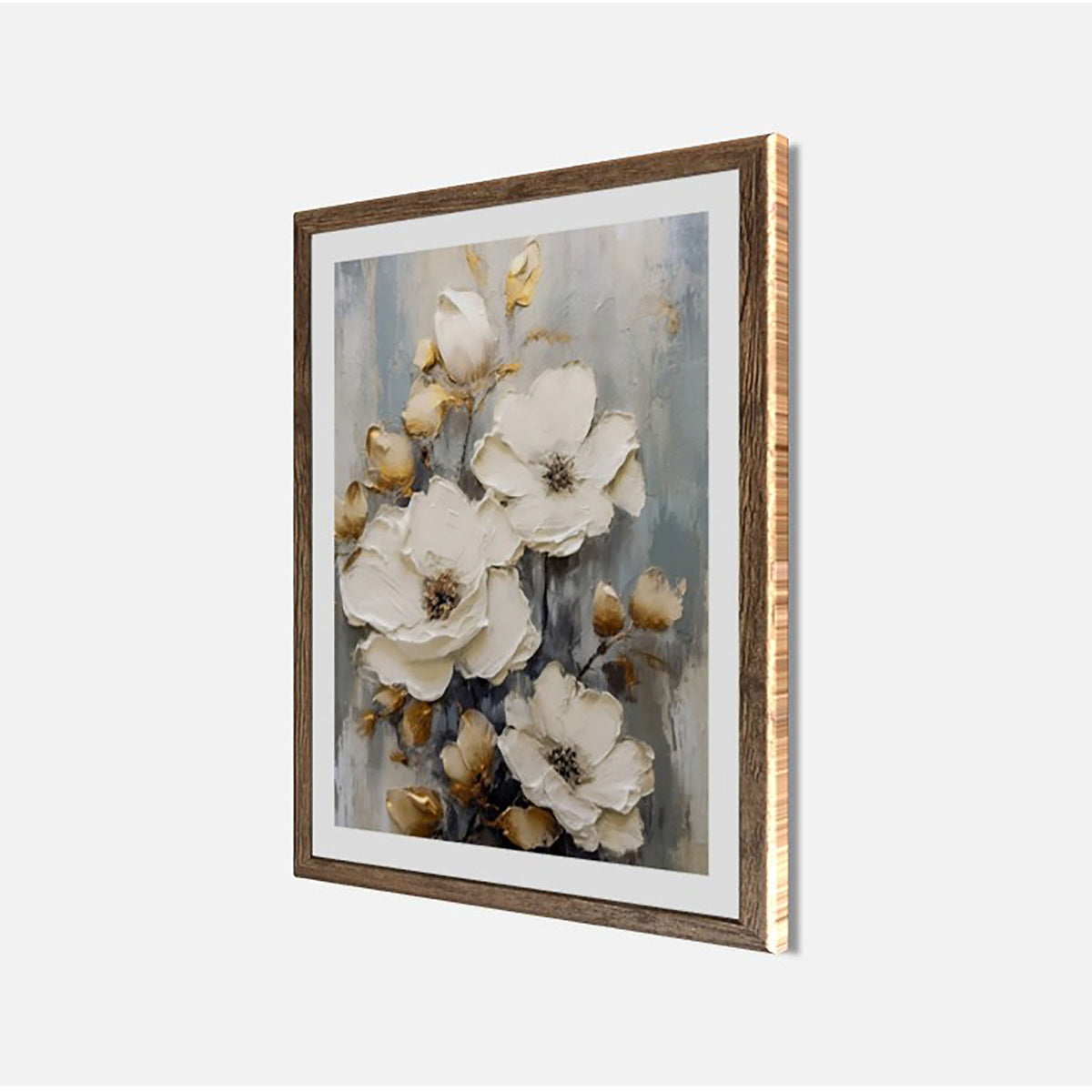 Wandbild gerahmt WEISSE BLUMEN MIT GOLDENEN AKZENTEN 40x50 cm – Elegante Wanddeko modern - Seitenansicht