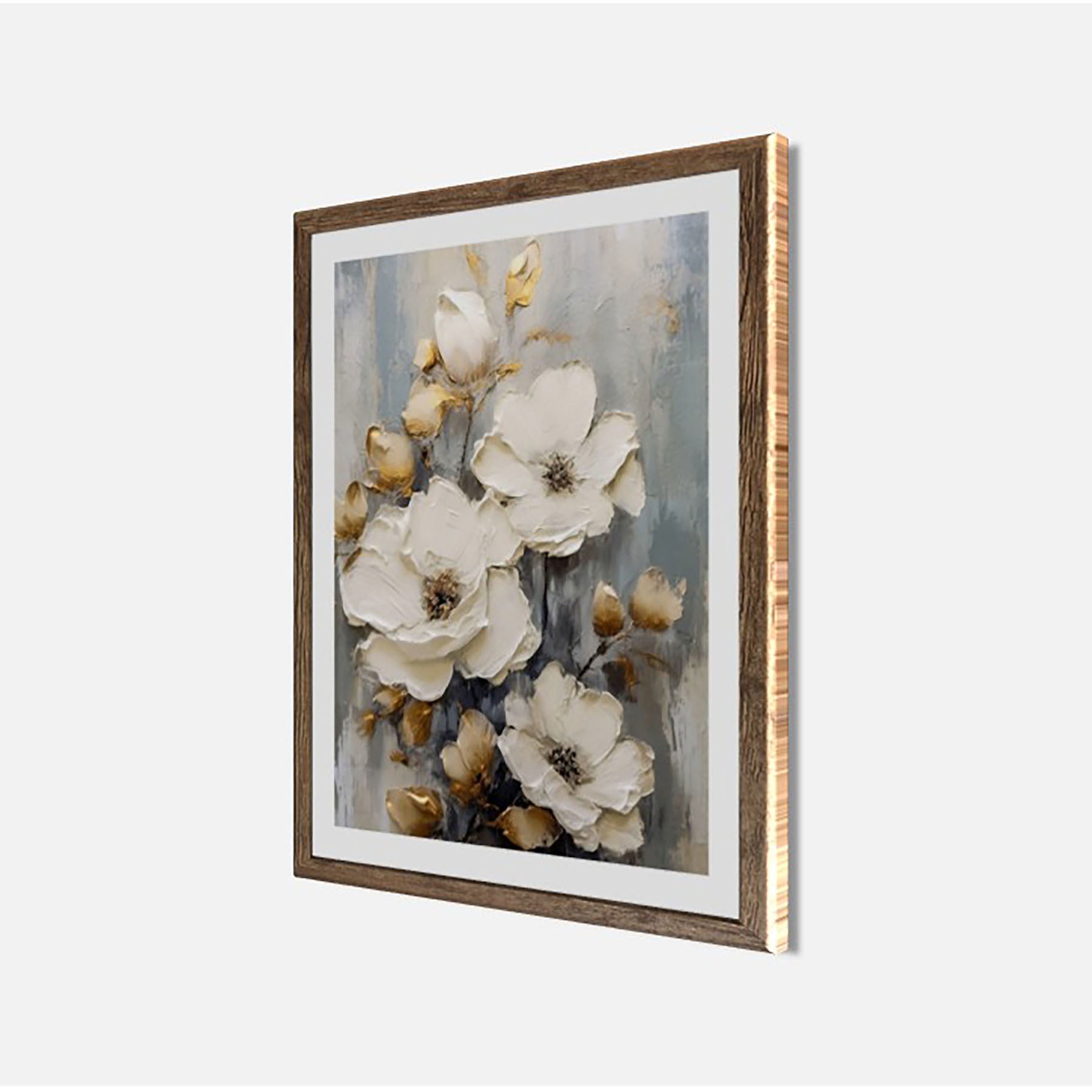 Wandbild gerahmt WEISSE BLUMEN MIT GOLDENEN AKZENTEN 40x50 cm – Elegante Wanddeko modern - Seitenansicht