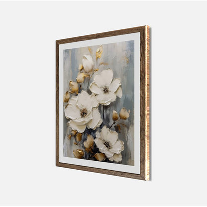 Wandbild gerahmt WEISSE BLUMEN MIT GOLDENEN AKZENTEN 40x50 cm – Elegante Wanddeko modern - Seitenansicht