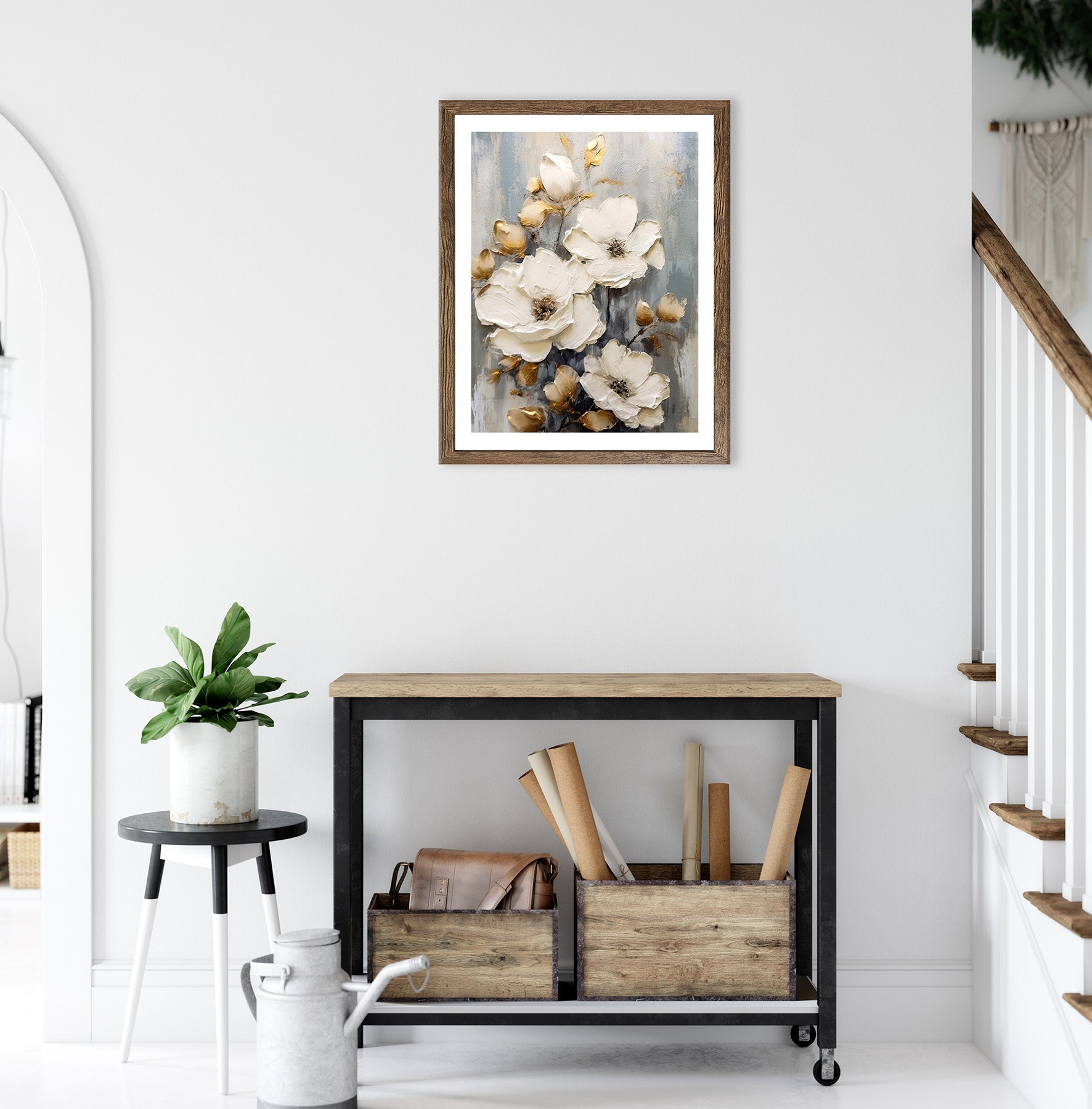 Wandbild gerahmt WEISSE BLUMEN MIT GOLDENEN AKZENTEN 40x50 cm – Elegante Wanddeko modern - Ambiente 2