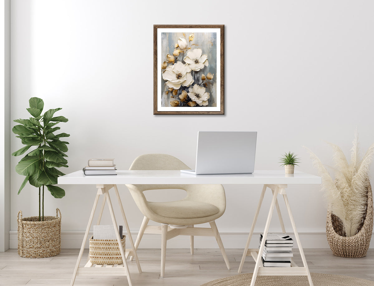 Wandbild gerahmt WEISSE BLUMEN MIT GOLDENEN AKZENTEN 40x50 cm – Elegante Wanddeko modern - Ambiente 3