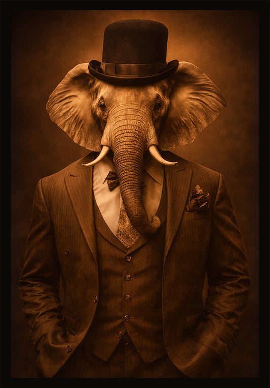 Wandbild gerahmt ELEFANT IM ANZUG 50x70 cm – Modernes Glamour Portrait