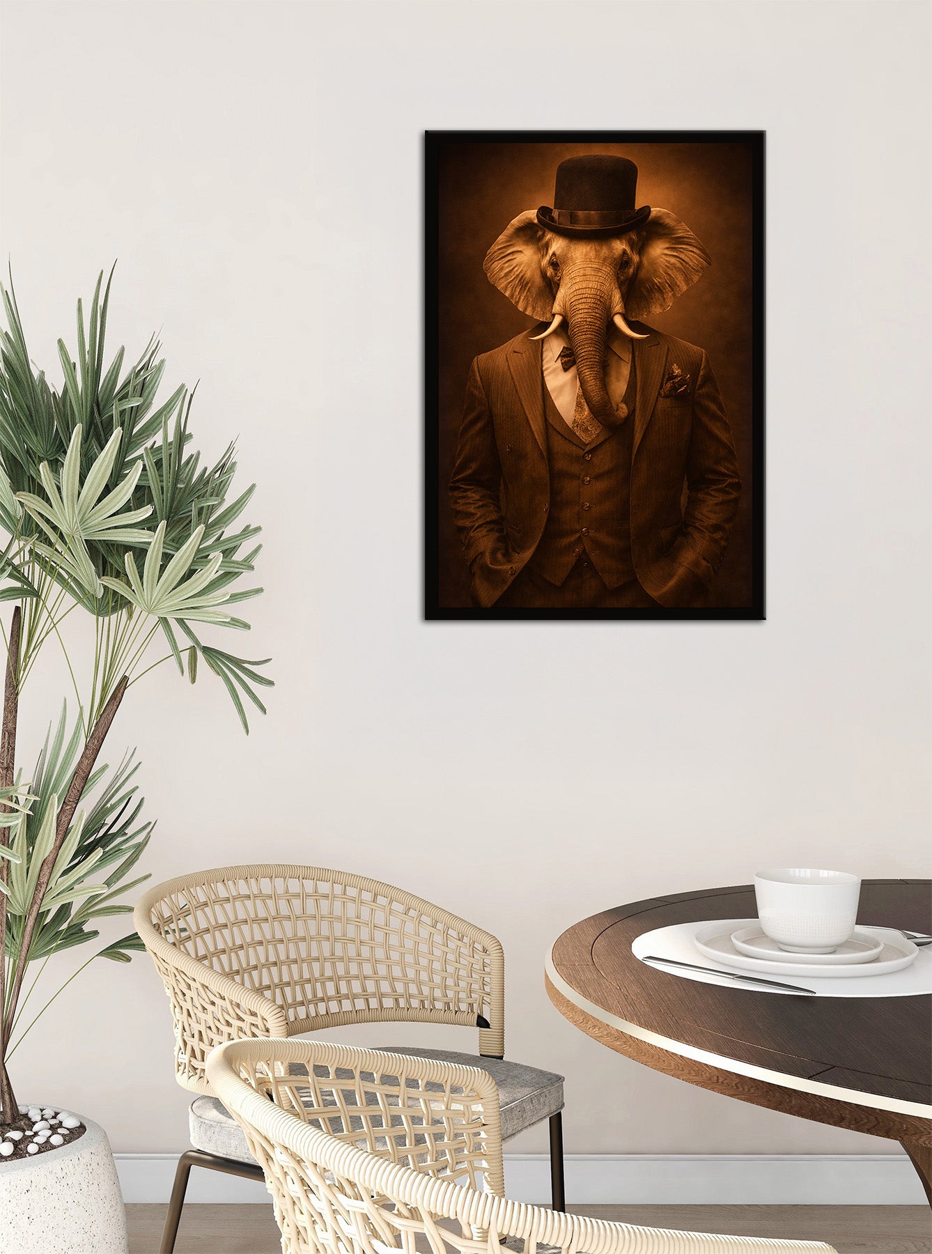 Wandbild gerahmt ELEFANT IM ANZUG 50x70 cm – Modernes Glamour Portrait - Ambiente 1