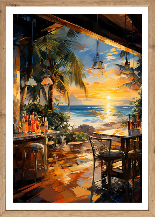 Wandbild gerahmt STRANDBAR 50x70 cm – Sommerliches Küstenmotiv mit Palmen