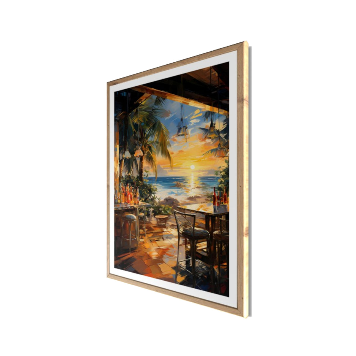 Wandbild gerahmt STRANDBAR 50x70 cm – Sommerliches Küstenmotiv mit Palmen - Seitenansicht