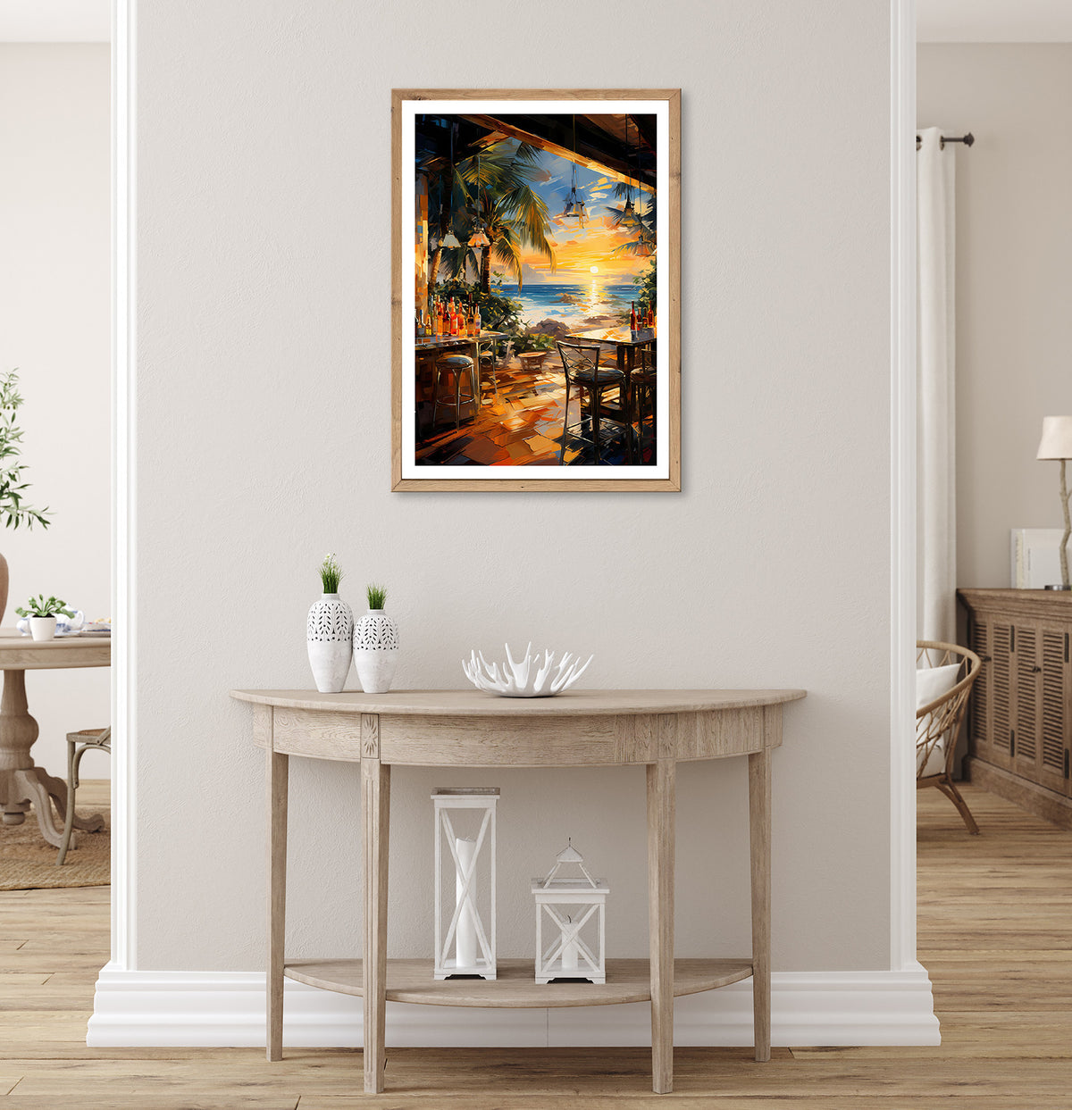 Wandbild gerahmt STRANDBAR 50x70 cm – Sommerliches Küstenmotiv mit Palmen - Ambiente 1