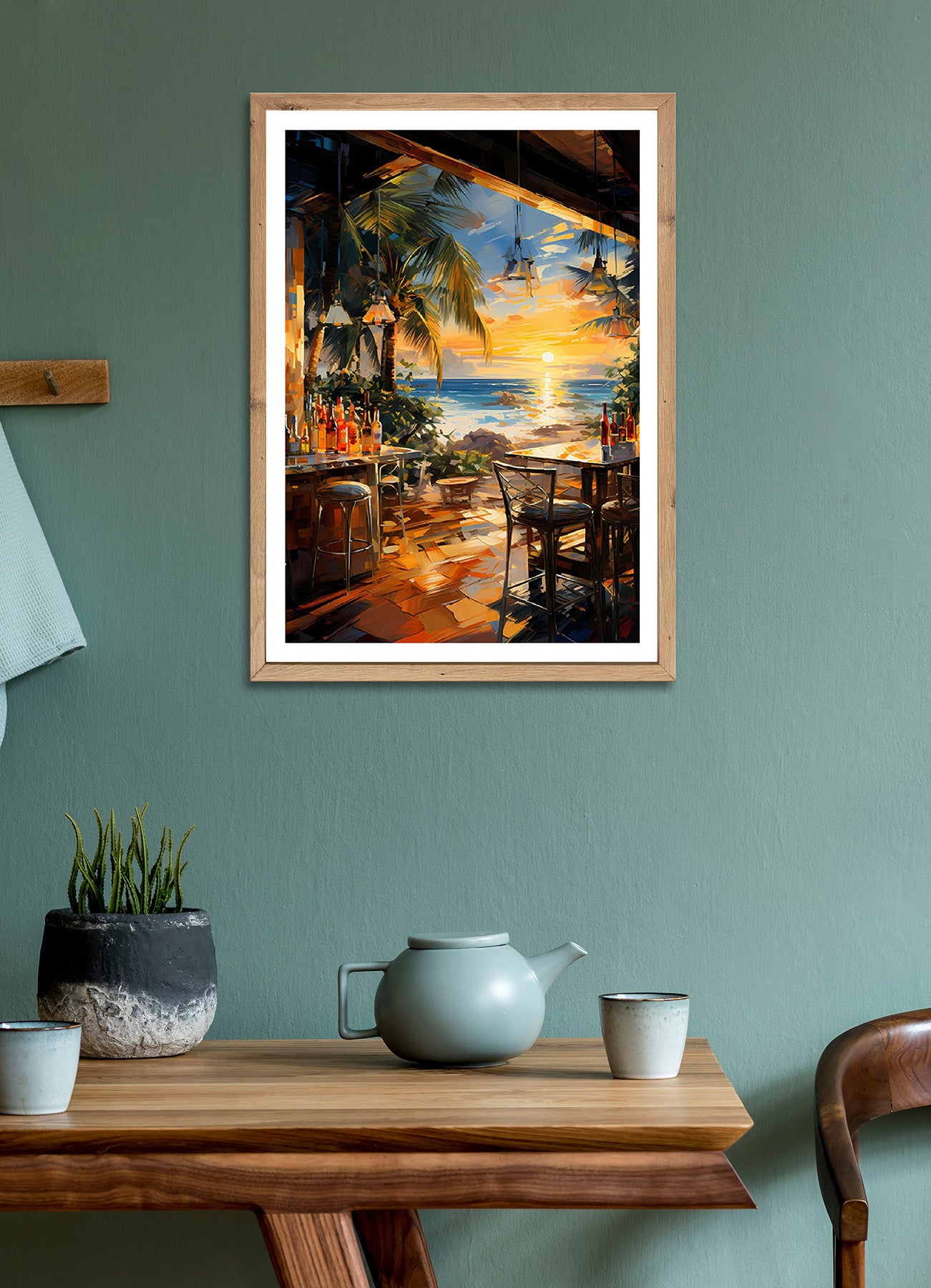 Wandbild gerahmt STRANDBAR 50x70 cm – Sommerliches Küstenmotiv mit Palmen - Ambiente 3