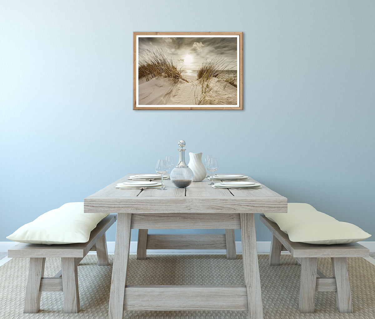 Wandbild gerahmt STRANDSONNE 50x70 cm – Maritime Wanddeko Dünen Meerblick - Ambiente 2