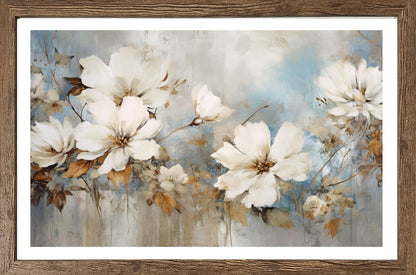 Wandbild gerahmt BLUMEN GEMALT 50x70 cm – Blütenmotiv in Beige und Blau ruhig