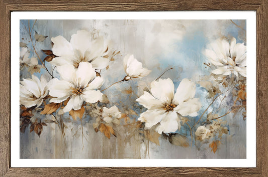 Wandbild gerahmt BLUMEN GEMALT 50x70 cm – Blütenmotiv in Beige und Blau ruhig