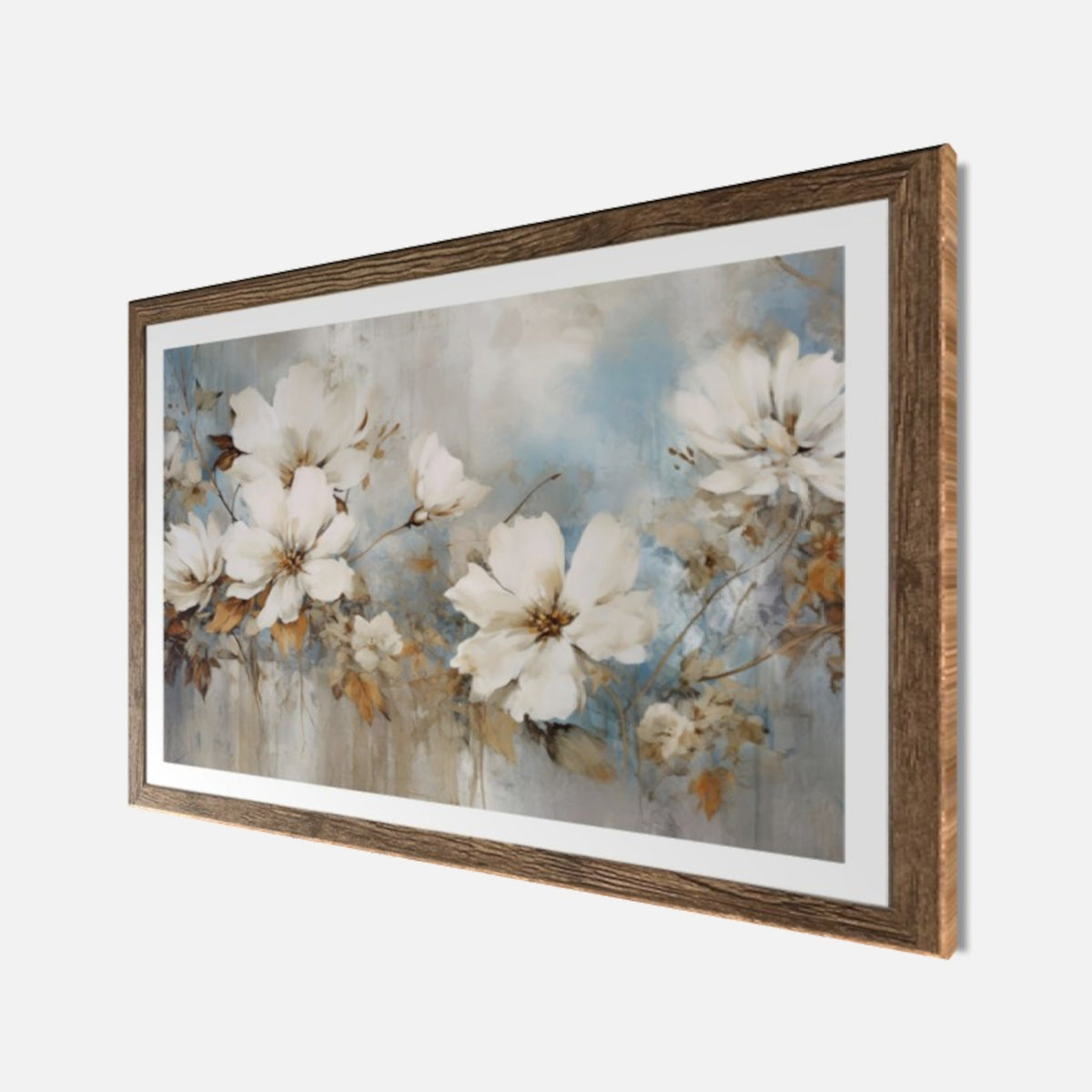 Wandbild gerahmt BLUMEN GEMALT 50x70 cm – Blütenmotiv in Beige und Blau ruhig - Seitenansicht