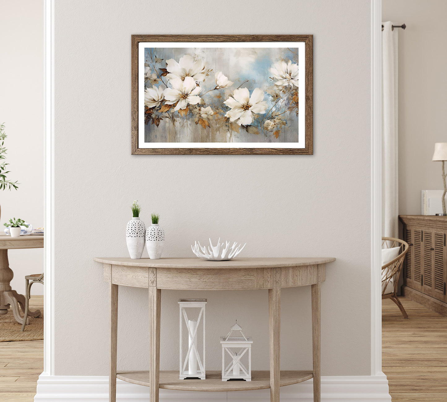 Wandbild gerahmt BLUMEN GEMALT 50x70 cm – Blütenmotiv in Beige und Blau ruhig - Ambiente 1