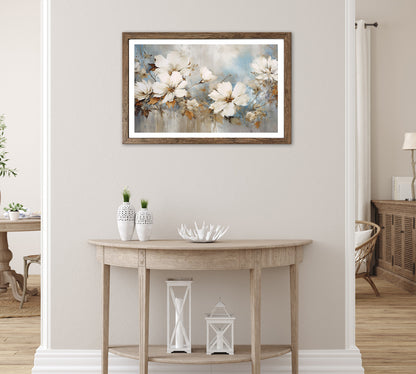 Wandbild gerahmt BLUMEN GEMALT 50x70 cm – Blütenmotiv in Beige und Blau ruhig - Ambiente 1