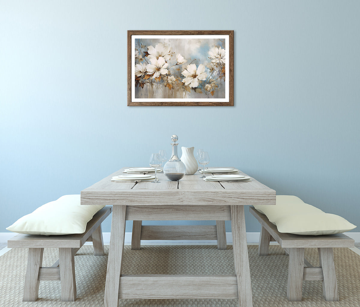 Wandbild gerahmt BLUMEN GEMALT 50x70 cm – Blütenmotiv in Beige und Blau ruhig - Ambiente 2