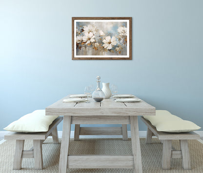 Wandbild gerahmt BLUMEN GEMALT 50x70 cm – Blütenmotiv in Beige und Blau ruhig - Ambiente 2