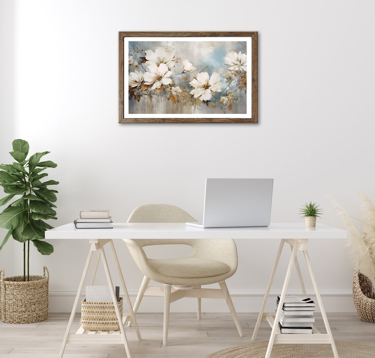 Wandbild gerahmt BLUMEN GEMALT 50x70 cm – Blütenmotiv in Beige und Blau ruhig - Ambiente 3
