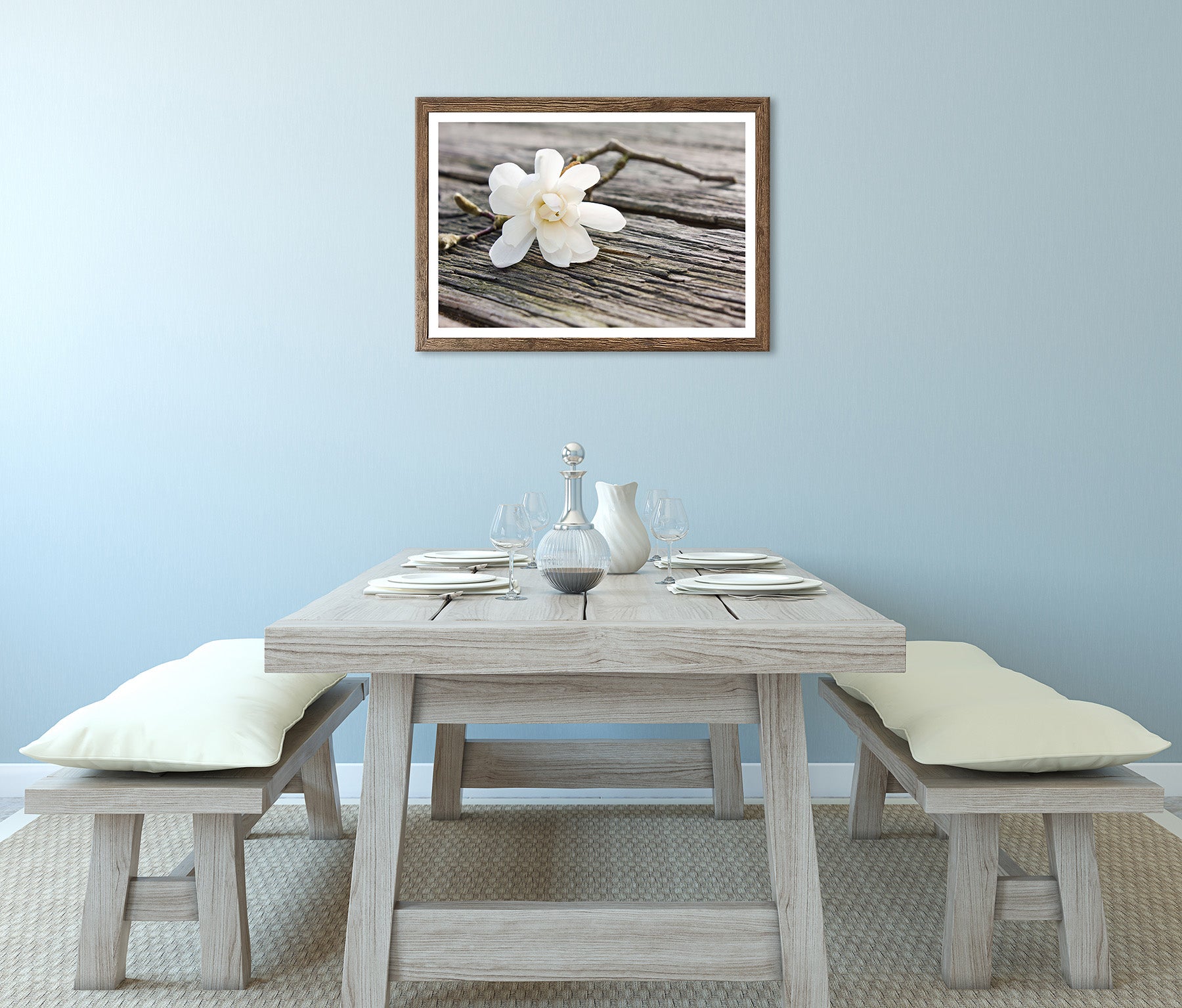 Wandbild gerahmt BLÜTE AUF HOLZ 50x70 cm – Magnolie Holzoptik Scandi Stil - Ambiente 2