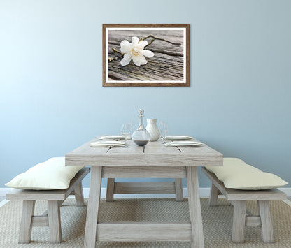 Wandbild gerahmt BLÜTE AUF HOLZ 50x70 cm – Magnolie Holzoptik Scandi Stil - Ambiente 2