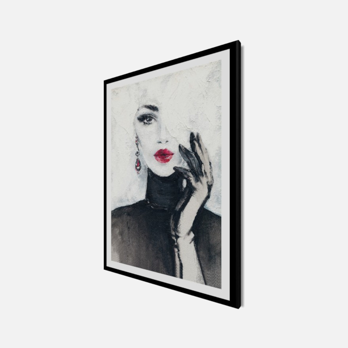 Wandbild gerahmt FRAU MIT ROTEN LIPPEN 50x70 cm – Stilvolles Damenportrait - Seitenansicht