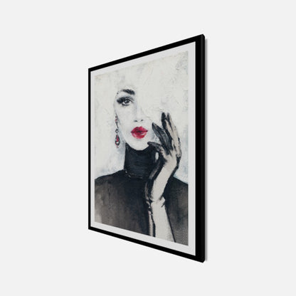 Wandbild gerahmt FRAU MIT ROTEN LIPPEN 50x70 cm – Stilvolles Damenportrait - Seitenansicht