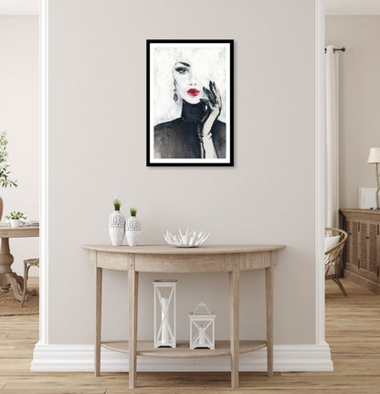 Wandbild gerahmt FRAU MIT ROTEN LIPPEN 50x70 cm – Stilvolles Damenportrait - Ambiente 1